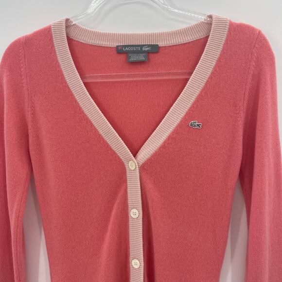 LACOSTE Cashmere Cardigan Womens Size 34 / US Size 2 Pink Preppy V-Neck Sweater - Picture 2 of 10